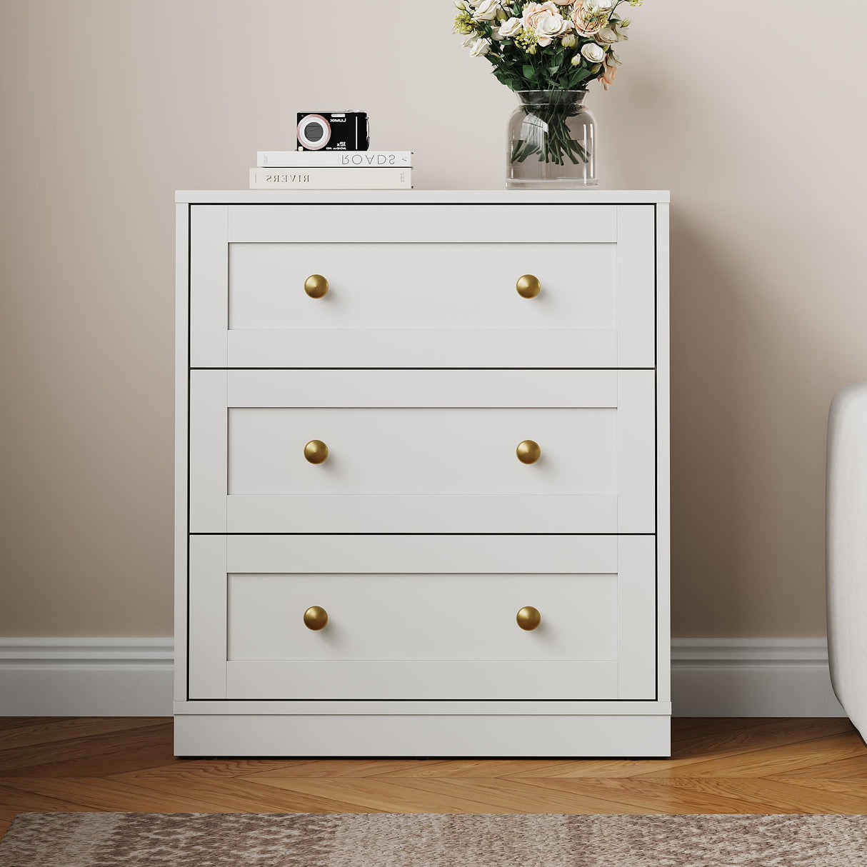RoyalCraft Modern 3 Drawer Dresser, White and Gold Nightstand for Bedroom, Small Chest of Drawers, End Table with Storage, Wood Beside Table for Living Room, Home Office, Entryway RoyalCraft
