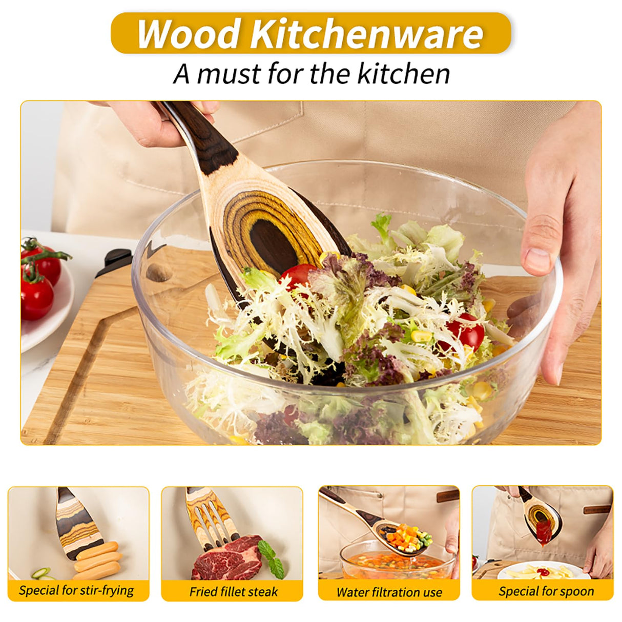 Gudamaye 7-Piece Brown Pakkawood Utensils Set – Sturdy, Eco-Friendly, Wooden Spoons for cooking, Wooden Utensil for cooking, Wooden Kitchen Tool, Home & Kitchen Gifts for Men and Women Gudamaye
