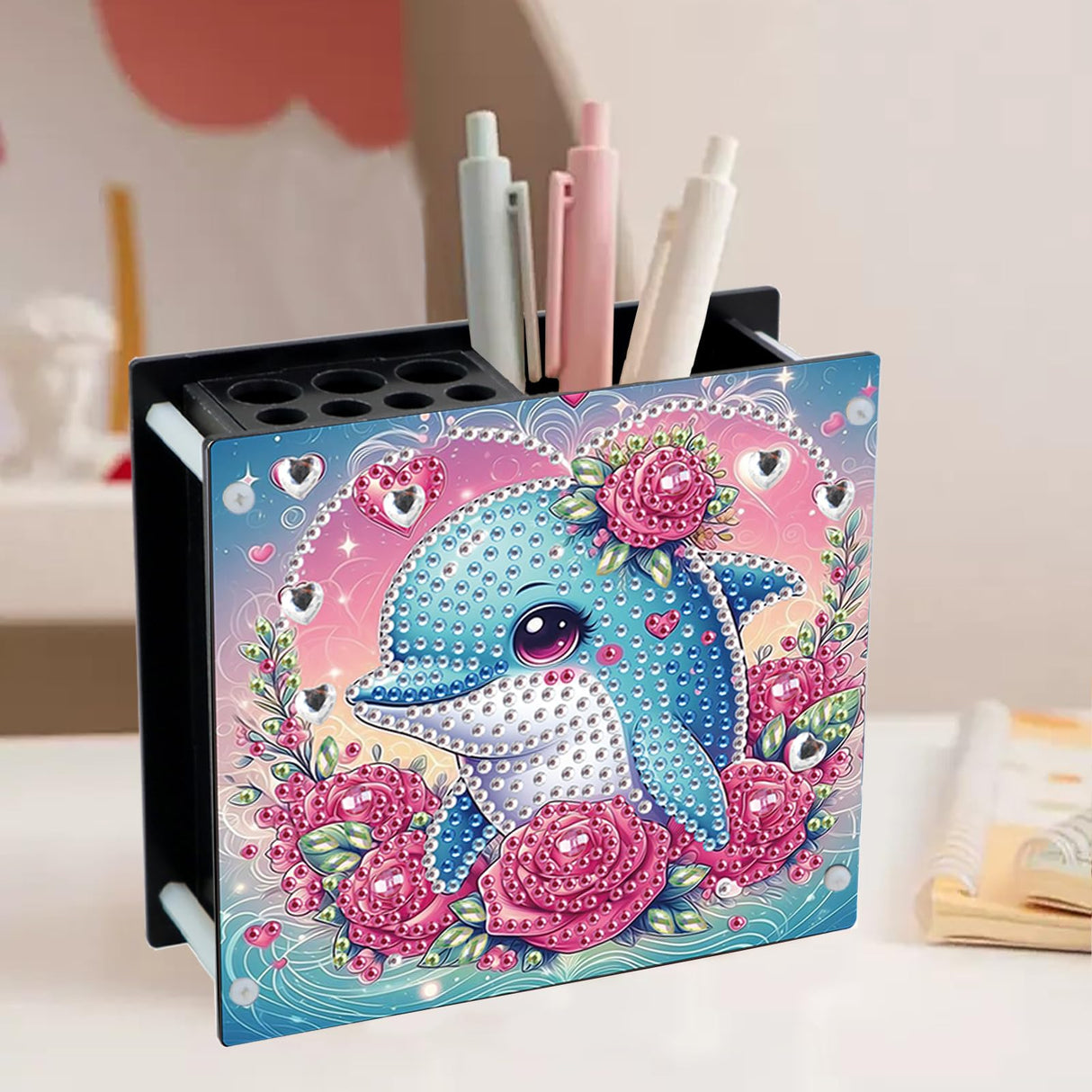 JZHYOAN Dolphin Diamond Art Pen Holder, DIY Diamond Pencil Storage, Study, Office Painting Special Pencil Box, Common Storage for Desks, Suitable for Study Rooms and Bedrooms JZHYOAN