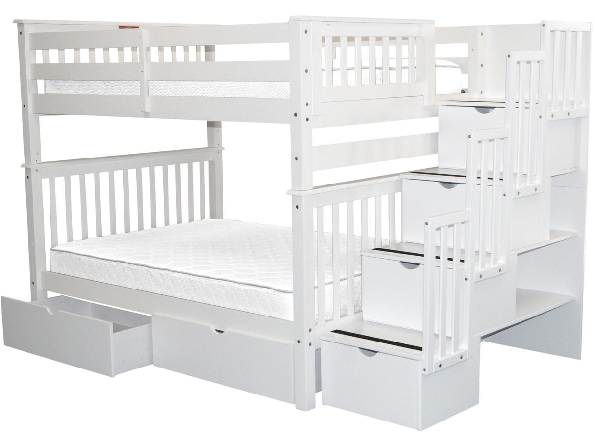 Bedz King Stairway Bunk Beds Full over Full with 4 Drawers in the Steps and 2 Under Bed Drawers, White Bedz King