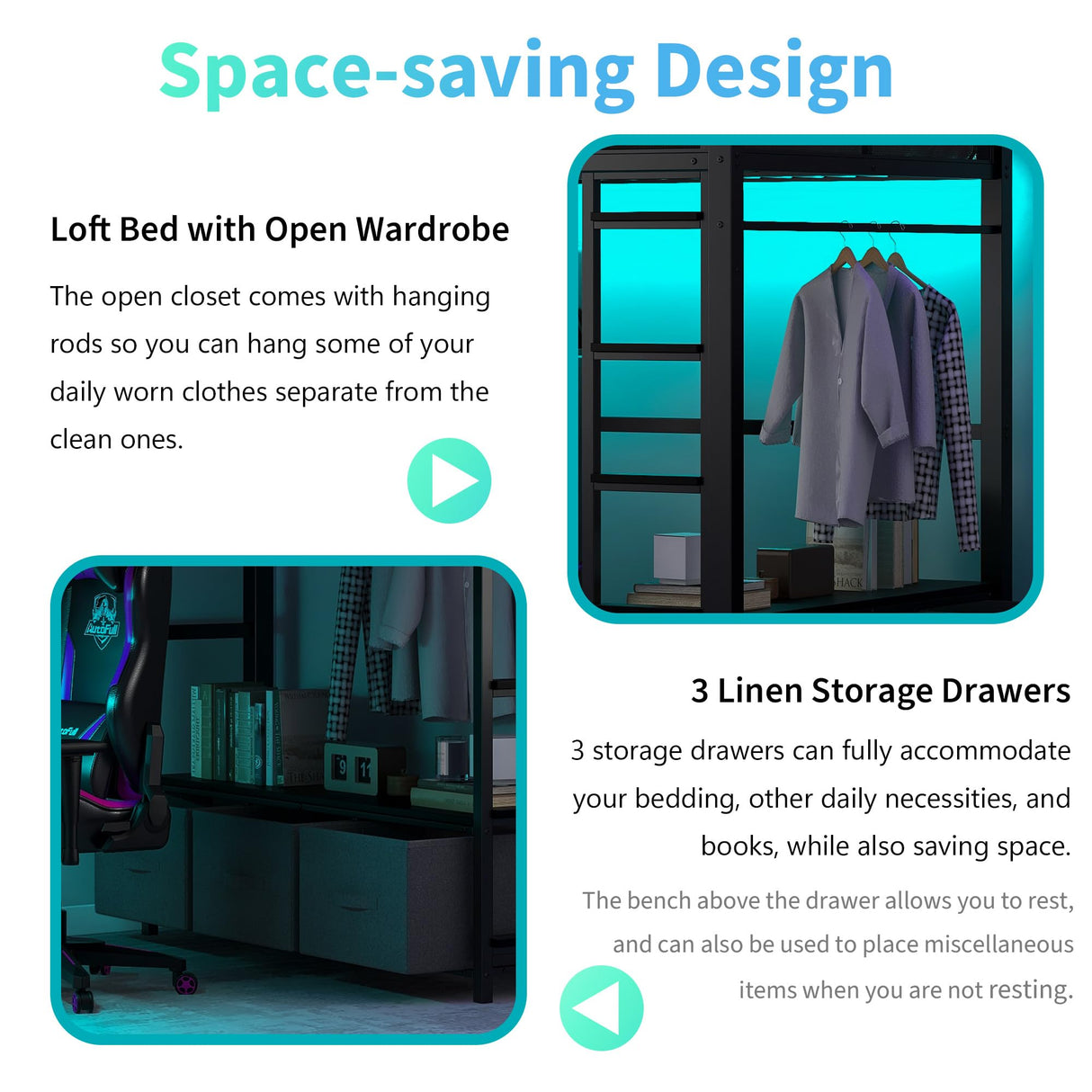 Polibi Full Size Metal Gaming Loft Bed with LED Lights/Desk/Open Wardrobe and 3 Linen Storage Drawers,Loft Bed Frame with Mesh Guardrail and Ladder,Black Polibi