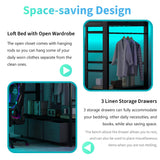 Polibi Full Size Metal Gaming Loft Bed with LED Lights/Desk/Open Wardrobe and 3 Linen Storage Drawers,Loft Bed Frame with Mesh Guardrail and Ladder,Black Polibi