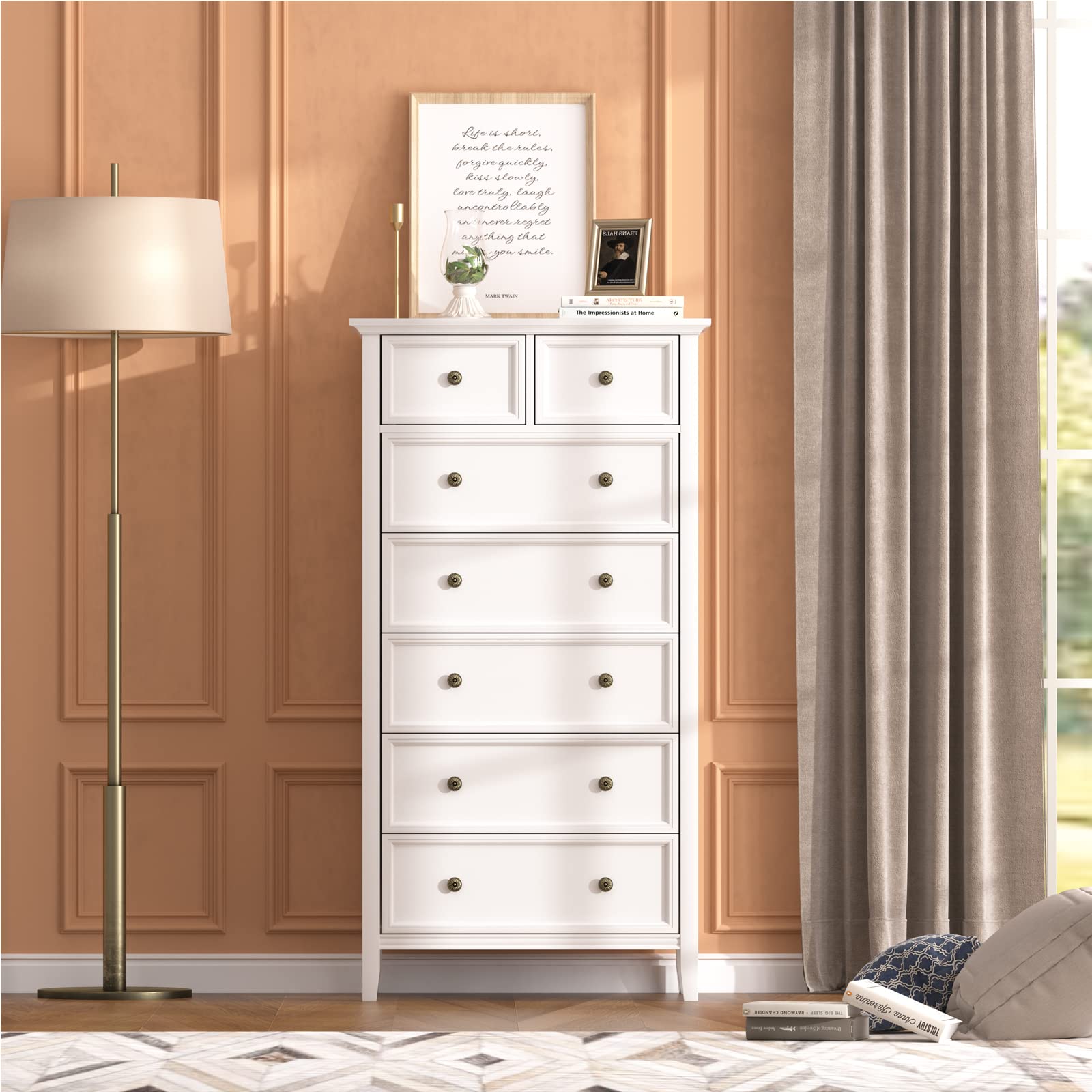 IKENO White 7 Drawer Tall Dresser, Tall Solid Wood Large Storage Cabinet, Modern Simple White Tall Chest of Drawer for Bedroom Living Room Hallway Entryway (White) - WoodArtSupply