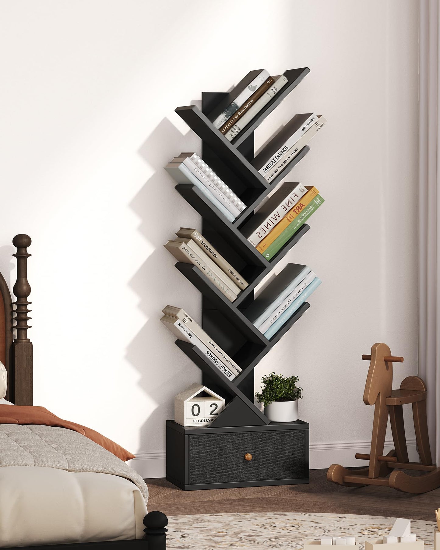 Yzosvki 9 Tier Tree Book Shelf with Drawer, Floor Standing Bookshelf Storage Organizer Bookshelves for Books/CDs, 9 Shelf Narrow Bookcase for Sturdy Room, Bedroom, Living Room, Black