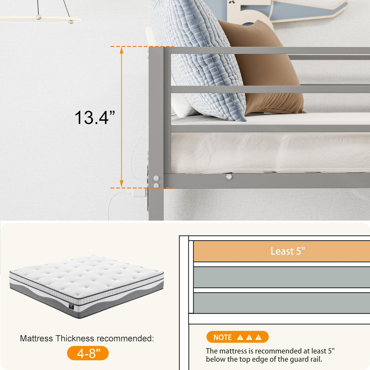 IKIFLY Full Over Full Bunk Beds with LED Lights and Charging Station, Heavy Duty Metal Full Size Bunk Bed Frame, Safety Guardrail & 2 Ladders, Space-Saving Design, No Box Spring Needed, Silver Grey IKIFLY