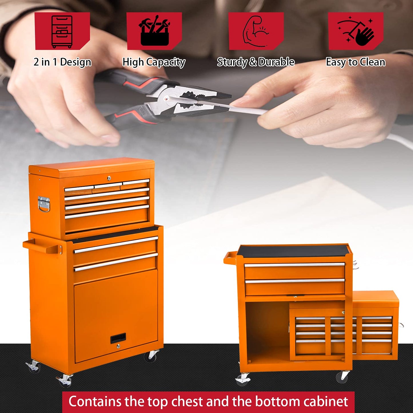 JD Trading 8-Drawer Rolling Tool Chest 2 in 1 High Capacity Tool Box Detachable Organizer Tool Storage Cabinet with 4 Wheels & Lockable Lined Drawers for Garage Warehouse Workshop (Orange) - WoodArtSupply