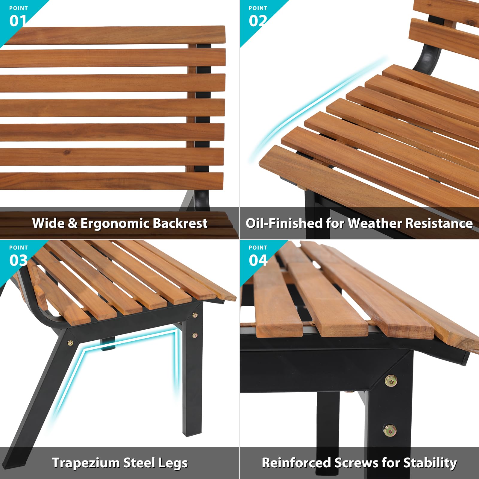 Elegant Acacia Wood Outdoor Bench – 54-Inch Armless Design with Steel Frame for Garden, Porch, and Patio - WoodArtSupply