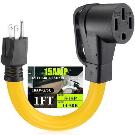Tellegloww NEMA 5-15P to 14-50R EV Charger Adapter Cord 110V 15 Amp Household to 50 Amp EV for Level 1 Charging, 3 Prong Male to 4 Prong Female Power Cord with Handle, STW 10 AWG/3C, 1FT, ETL Listed Tellegloww