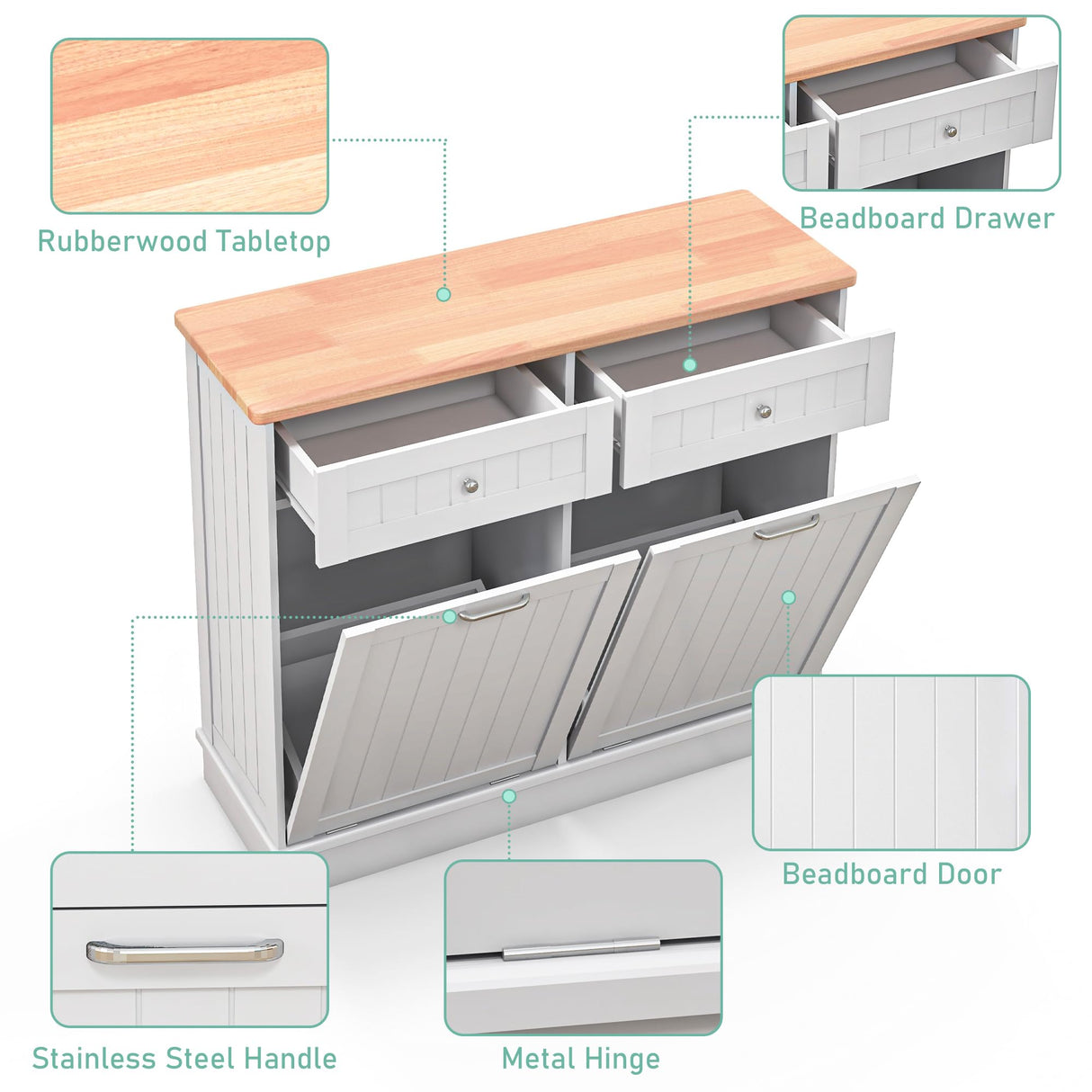 TOLEAD Double Tilt Out Trash Cabinet 20 Gallon,Antique-Style Beadboard Trash Can Cabinet Kitchen with Solid Wood Tabletop & Drawer, Pet Proof Trash Can, Wood Laundry Cabinet TOLEAD