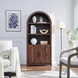 RowyPoey Rattan Arched Cabinet Bookshelf - 69.3” Tall Mid Century Display Cabinet, Rounded Bookcase with Rattan Doors, Open Shelf Storage for Dining Room (Walnut, 1 PC) RowyPoey