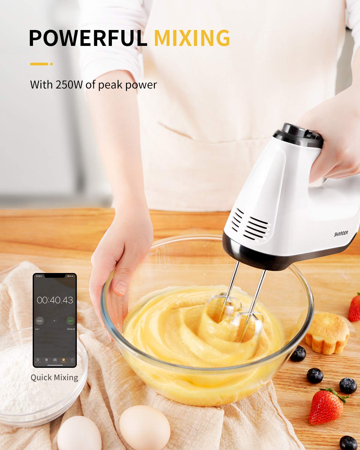 SHARDOR Hand Mixer Electric, 6 Speed & Turbo Mixer Electric Handheld, Snap-On Storage Case,5 Stainless Steel Accessories for Whipping, Mixing Cookies, Brownie, Cakes, Dough Batters, White SHARDOR