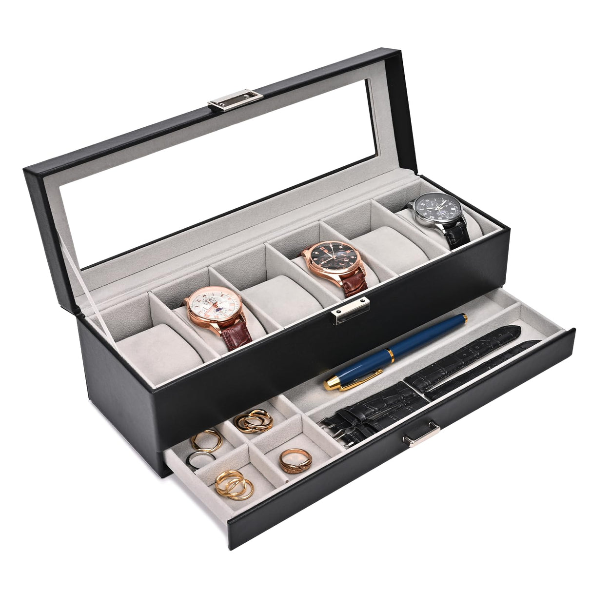 ProCase Watch Box for Men, 6 Slot Watch Display Case with Drawer, Mens Watch Case With Glass Lid, 2-Layer Jewelry and Watch Storage Watch Holder Organizer for Men Women -6 Slot, Black ProCase