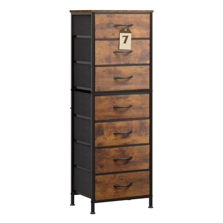 WLIVE Tall Dresser for Bedroom, 7 Drawer Dressers & Chests of Drawers, Fabric Dresser for Closet, Night Stand with Metal Frame, Storage Tower with Fabric Bins, Wood Top, Rustic Brown Wood Grain Print WLIVE