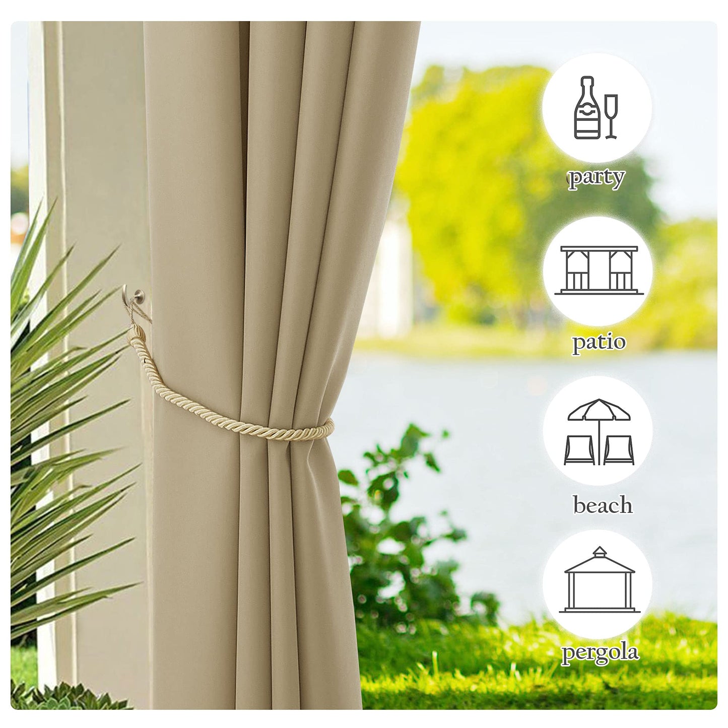 NICETOWN 2 Panels Outdoor Curtains for Patio Waterproof, Stainless Steel Grommet Indoor Outdoor Vertical Drapes for Front Porch & Canvas, W55 x L84, Taupe - WoodArtSupply