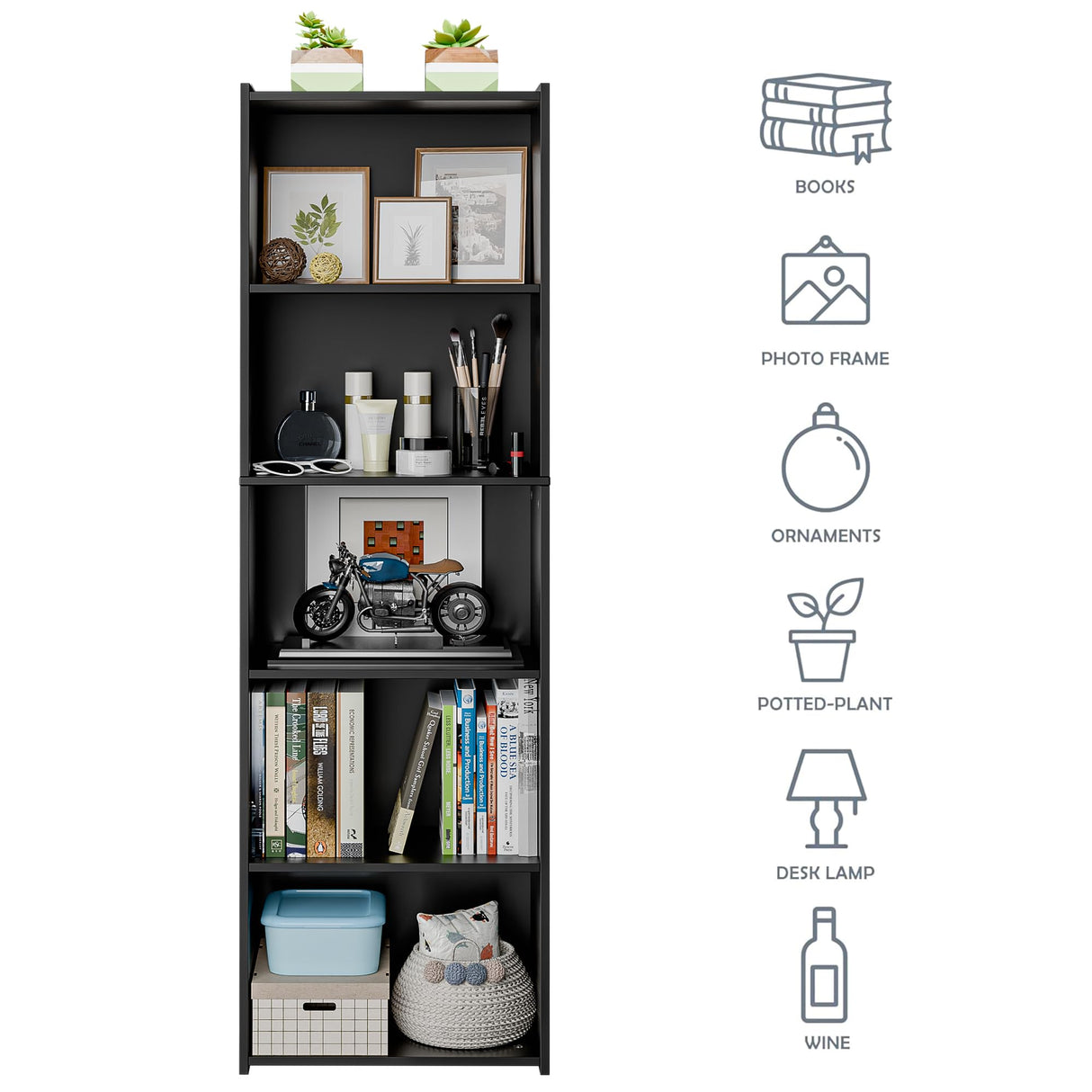 SUPER DEAL Wood Bookcase 5-Tier Open Shelf Narrow Tall Cube Bookshelf for Small Spaces Freestanding Display Storage Organizer for Kids Bedroom Home Office Apartment, 52 Inch Black SUPER DEAL