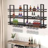 Wall Mounted Wine Rack with LED Light, 55.1in Large Wine Bottles Display Shelf with Glasses Holder, 3 Tier Metal Bar Shelves, Industrial Liquor Shelves for Home Bar, Dining Room & Kitchen (55.1in) DSVONAUS