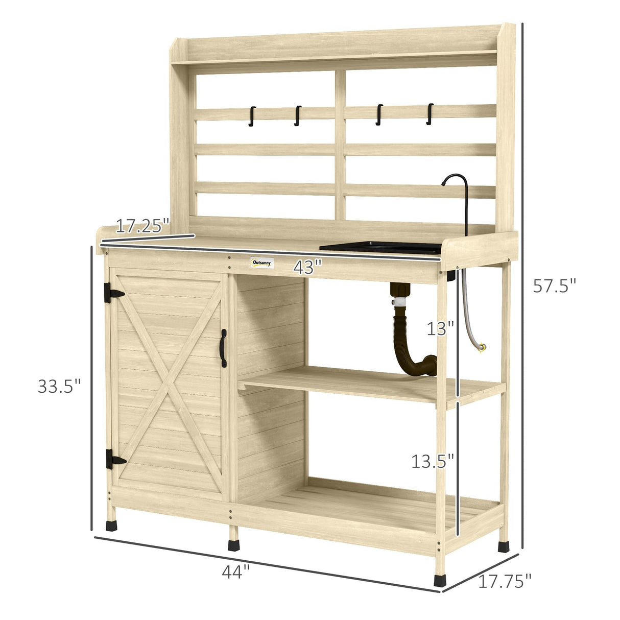 Outsunny Outdoor Wooden Potting Bench Table with Sink and Water Tap, Garden Workstation with Storage Cabinet, Storage Shelves for Backyard, Patio, Balcony, Natural Outsunny