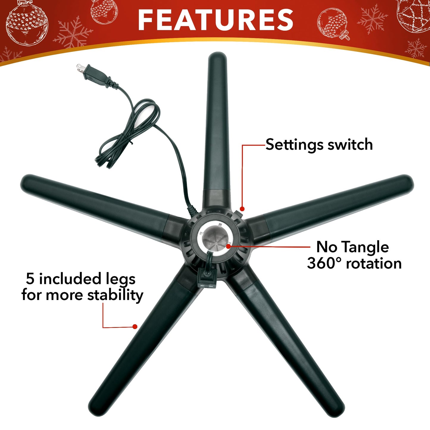 Stephan Roberts Rotating Christmas Tree Stand with 360° Rotation, 5 Legs, 3 Power Outlets, 3 Adjustable Size Attachments, 3-Setting Switch – Stable & Durable Holiday Tree Base (Green)