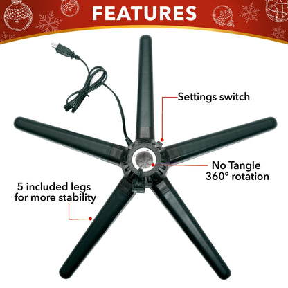 Stephan Roberts Rotating Christmas Tree Stand with 360° Rotation, 5 Legs, 3 Power Outlets, 3 Adjustable Size Attachments, 3-Setting Switch – Stable & Durable Holiday Tree Base (Green)