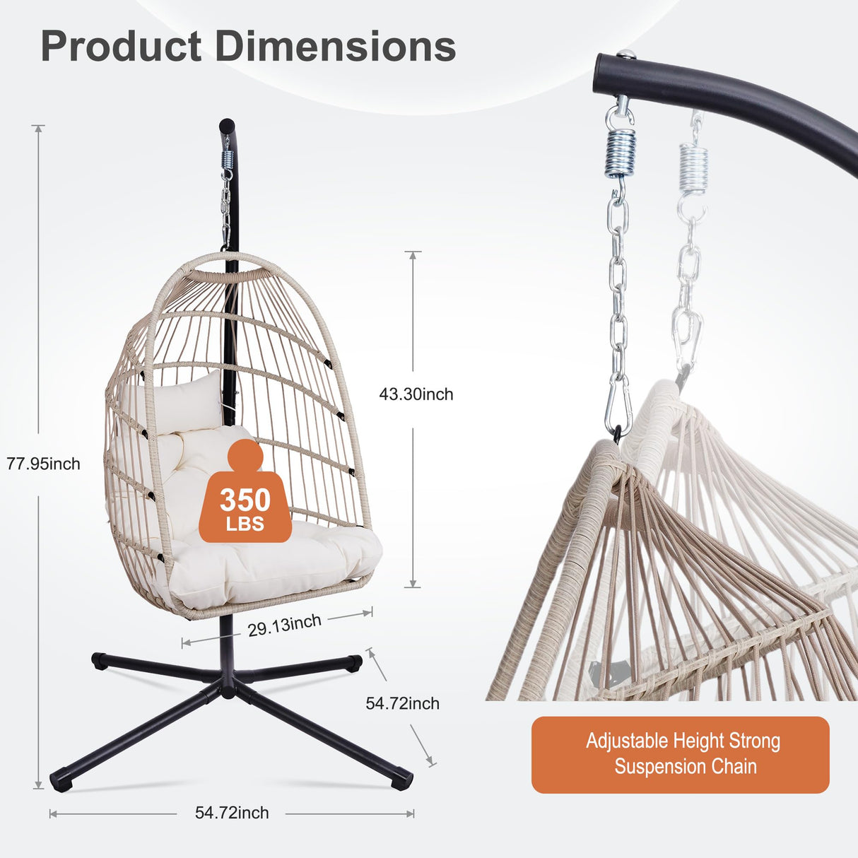 DAIJIA CHINA Foldable Hanging Egg Chair with Stand, HDPE Rattan and Heavy Duty Aluminum-Steel Frame, Outdoor Patio Wicker Swing Egg Chair with Headrest and Cushioned, 350 Lbs Capacity (Beige) DAIJIA CHINA