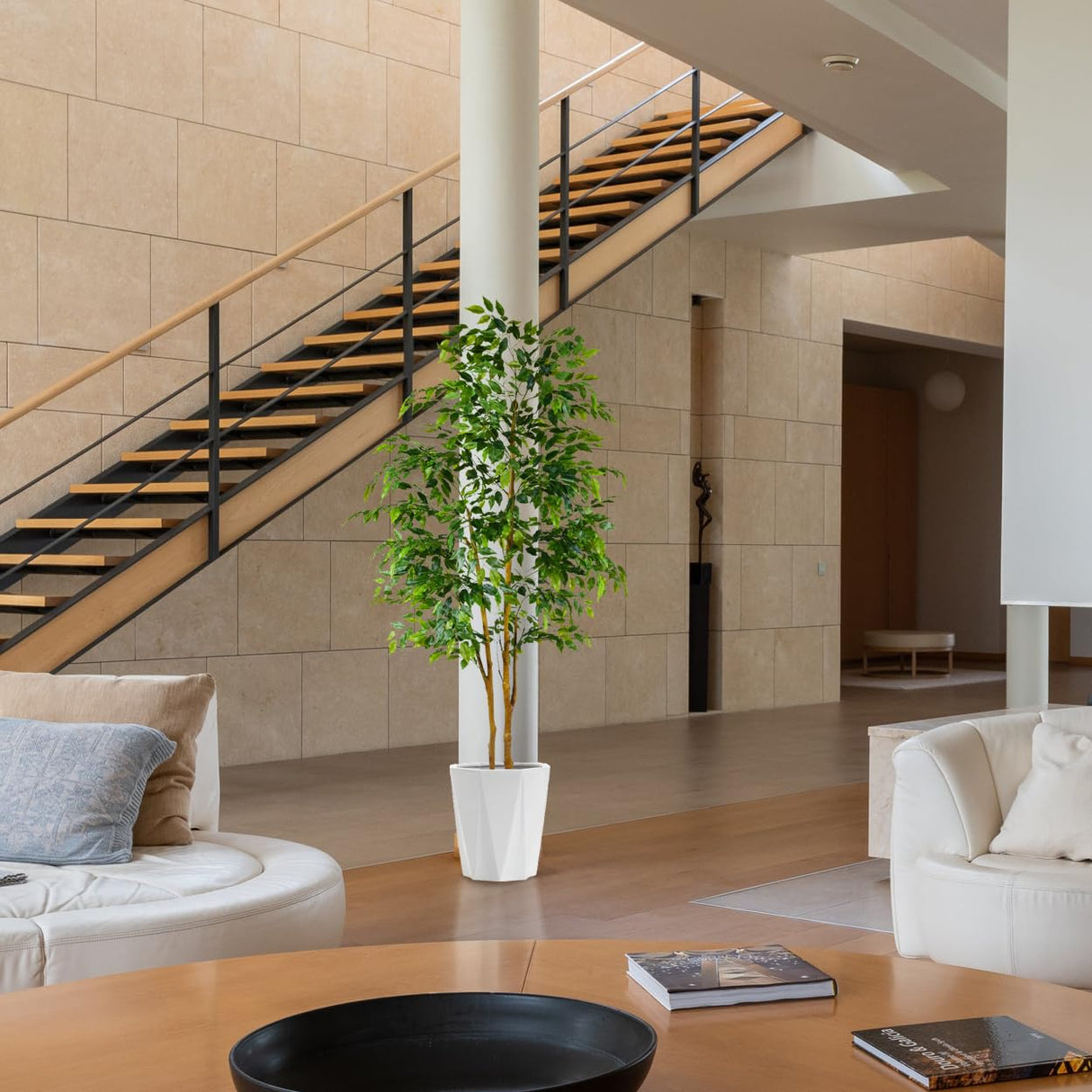 Warmplants Artificial Ficus Tree, 7ft Silk Fake Ficus Leaves Plant with Basket, Indoor Outdoor Faux Green Tree for Home Garden Office House Livingroom Décor Warmplants