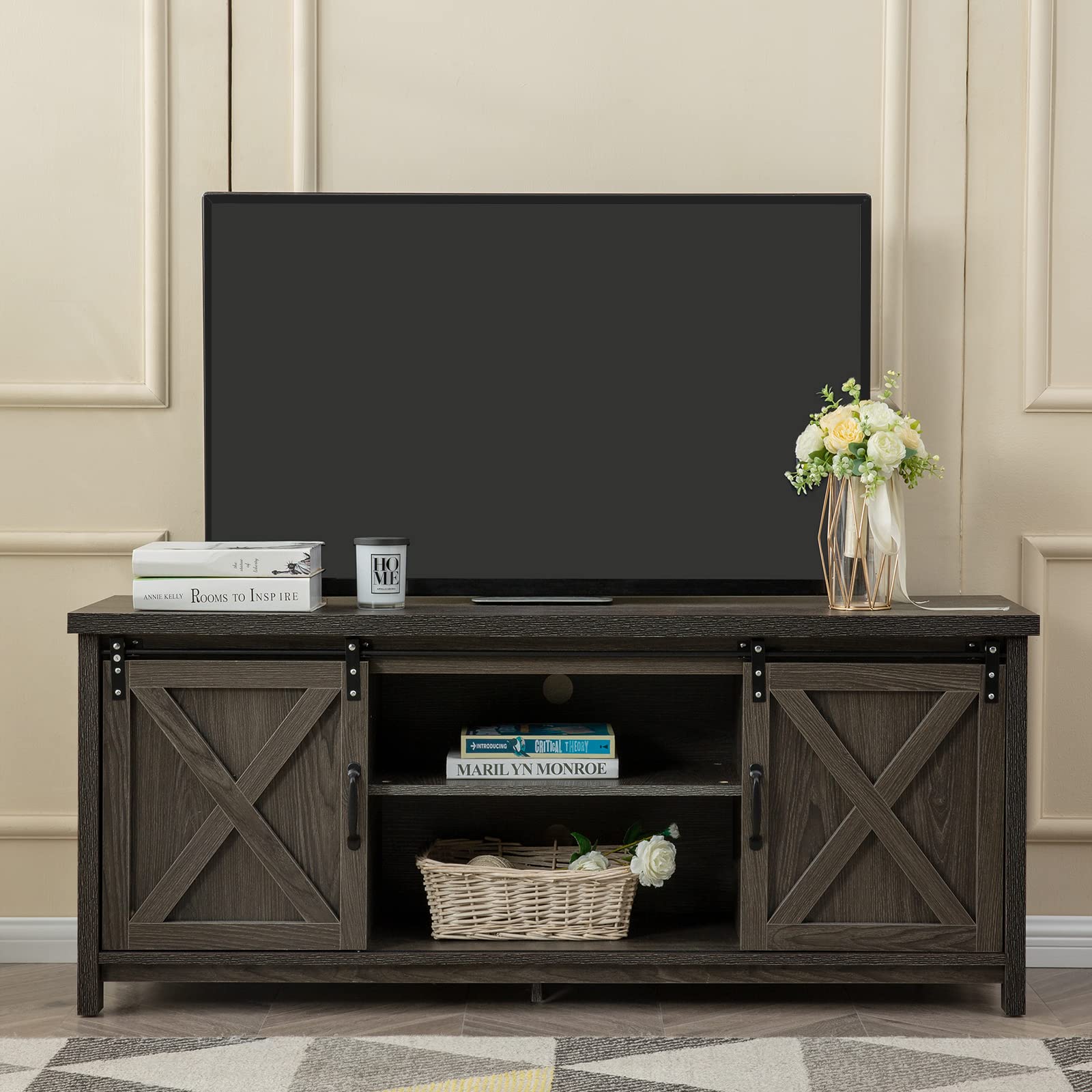 GAZHOME Modern Farmhouse TV Stand with Sliding Barn Doors, Media Entertainment Center Console Table for TVs up to 65”,2-Tier Large Storage Cabinets,Rustic TV Stand for Living Room Bedroom,Dar - WoodArtSupply