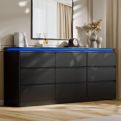 9 Drawer Dresser for Bedroom, 63" Long Black Chest of Drawers with Charging Station & LED Lights, Curved Anti-Collision Design,Wooden Closet Storage Cabinet,Modern Dresser TV Stand with Deep Drawers