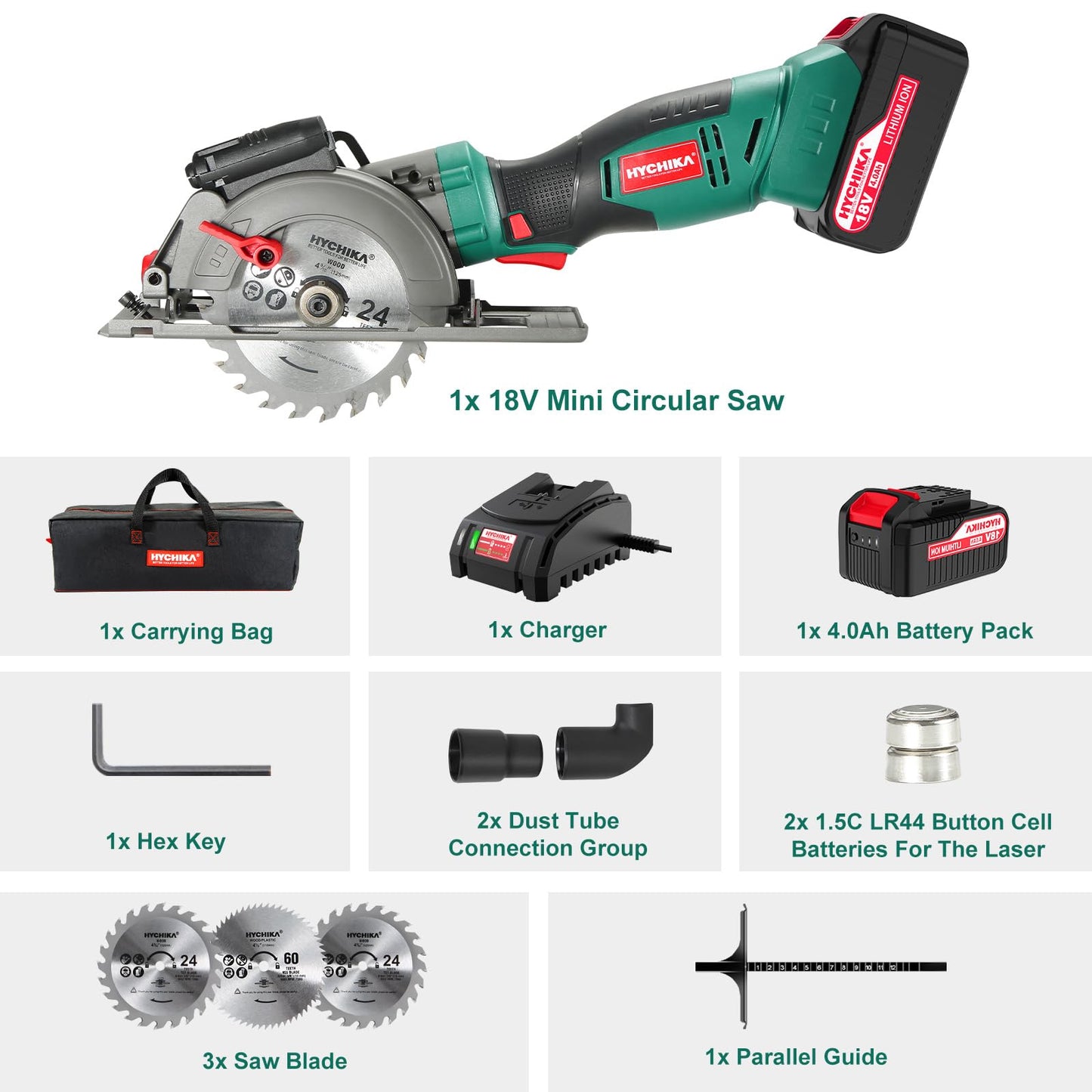 HYCHIKA Cordless Circular Saw, 18V Mini Circular Saw with 4.0Ah Battery, 3 Blades(4-1/2",4-9/10"), 3500RPM Max Cuting Depth:90°(48mm)/45°(32mm), Compact Circular Saw for Wood, Plastic and Sof - WoodArtSupply