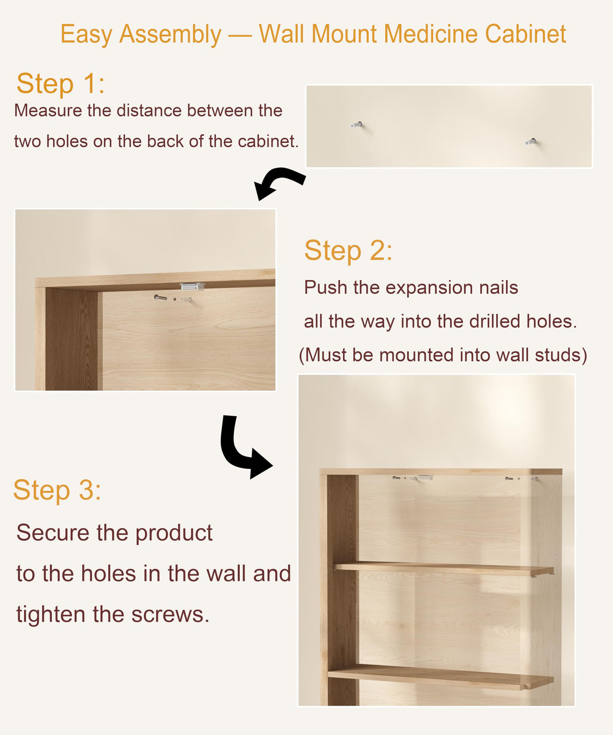 Rovaurx Fluted Medicine Cabinet with 2 Doors, Bathroom Wall Cabinet, Curved Profile Wall Mounted Cupboard with Adjustable Shelf, for Bathroom, Kitchen, Laundry Room, Natural Rovaurx