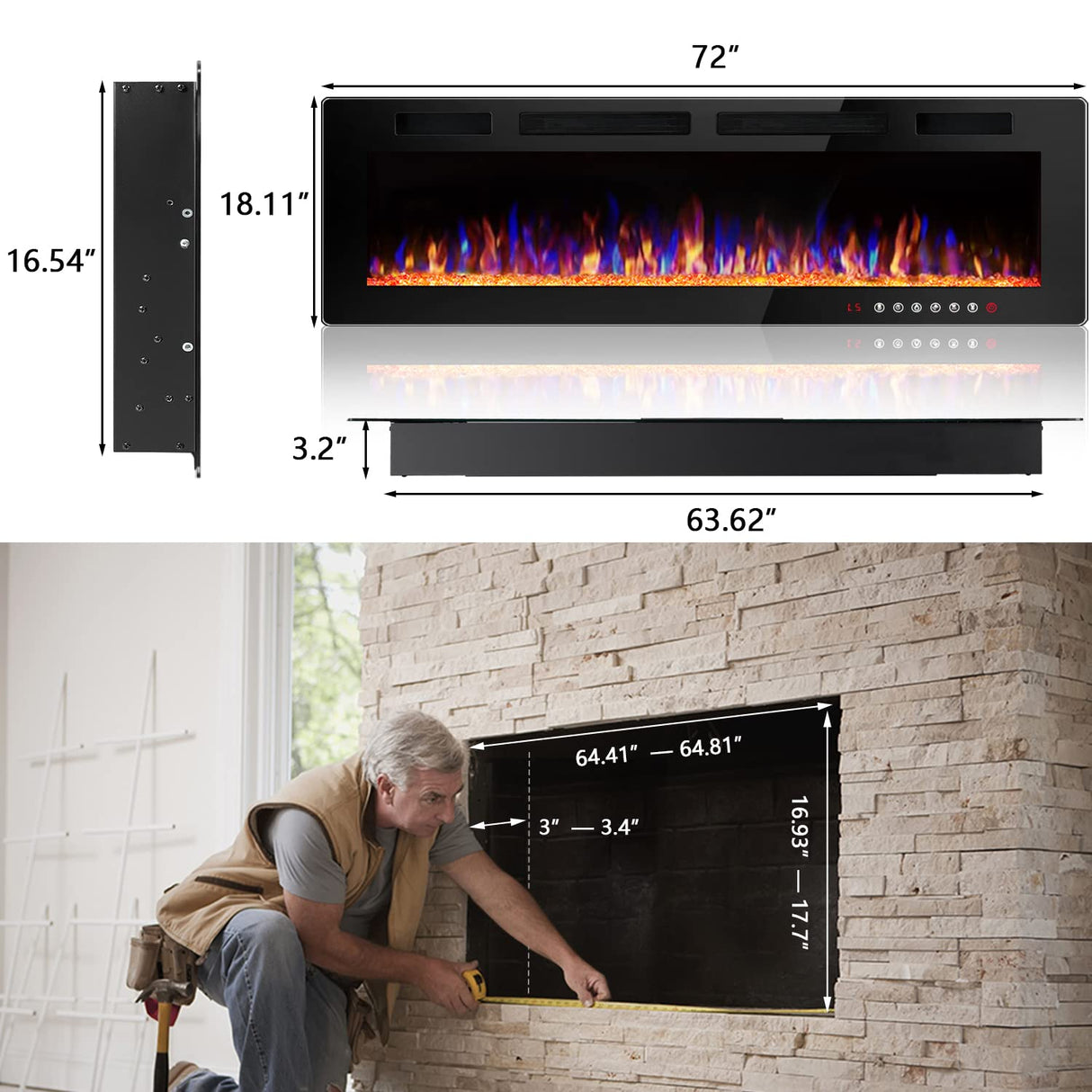 Vitesse 72 inch Ultra-Thin Electric Fireplace in-Wall Recessed and Wall Mounted Fireplace Heater,Linear Fireplace with Multicolor Flame,Timer,Low Noise,750/1500W,Touch Screen & Remote Control(72’’) VITESSE