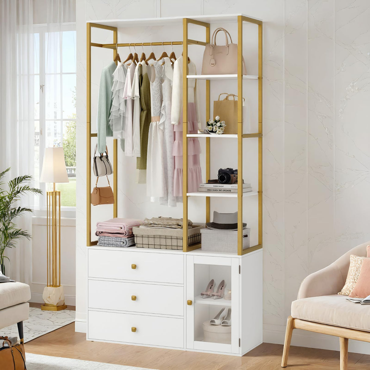 BOTLOG Closet System Organizer, 81.3” H Wardrobe Closet with 3 Wooden Drawers, Clothes Rack with Hanging Rods, 4 Tiers Shelves, Metal Frame, White and Gold BOTLOG