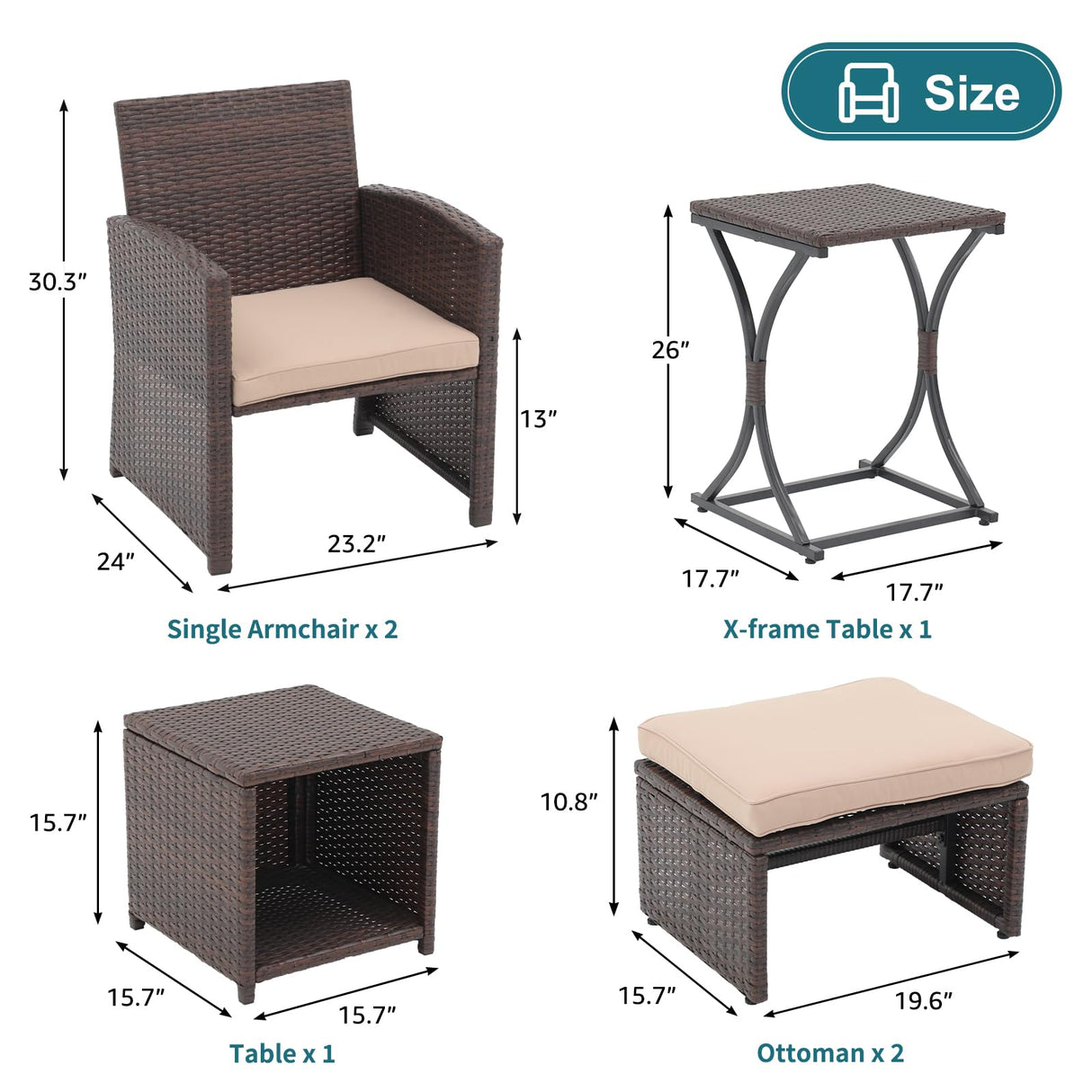 OC Orange-Casual 6 Piece Patio Wicker Furniture Set, Balcony All Weather Rattan Chair, with Space Saving Ottoman, Resin Nesting Coffee Table, Modern Design, Beige OC Orange-Casual