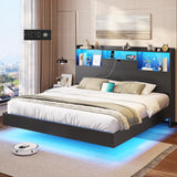 DICTAC King Floating Bed Frame with LED Lights and Headboard Storage, Visual Floating Bed with Charing Station, King Size Metal Platform Bed with Stable Structure, No Box Spring Need, Easy Assembly DICTAC