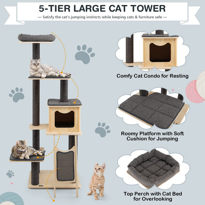 PETSITE 69" Tall Wooden Cat Tree Tower, Modern Cat Activity Center Tree with Sisal Posts & Scratch Board, Condo & Top Perch for Kitchen & Large Cat, Grey - WoodArtSupply