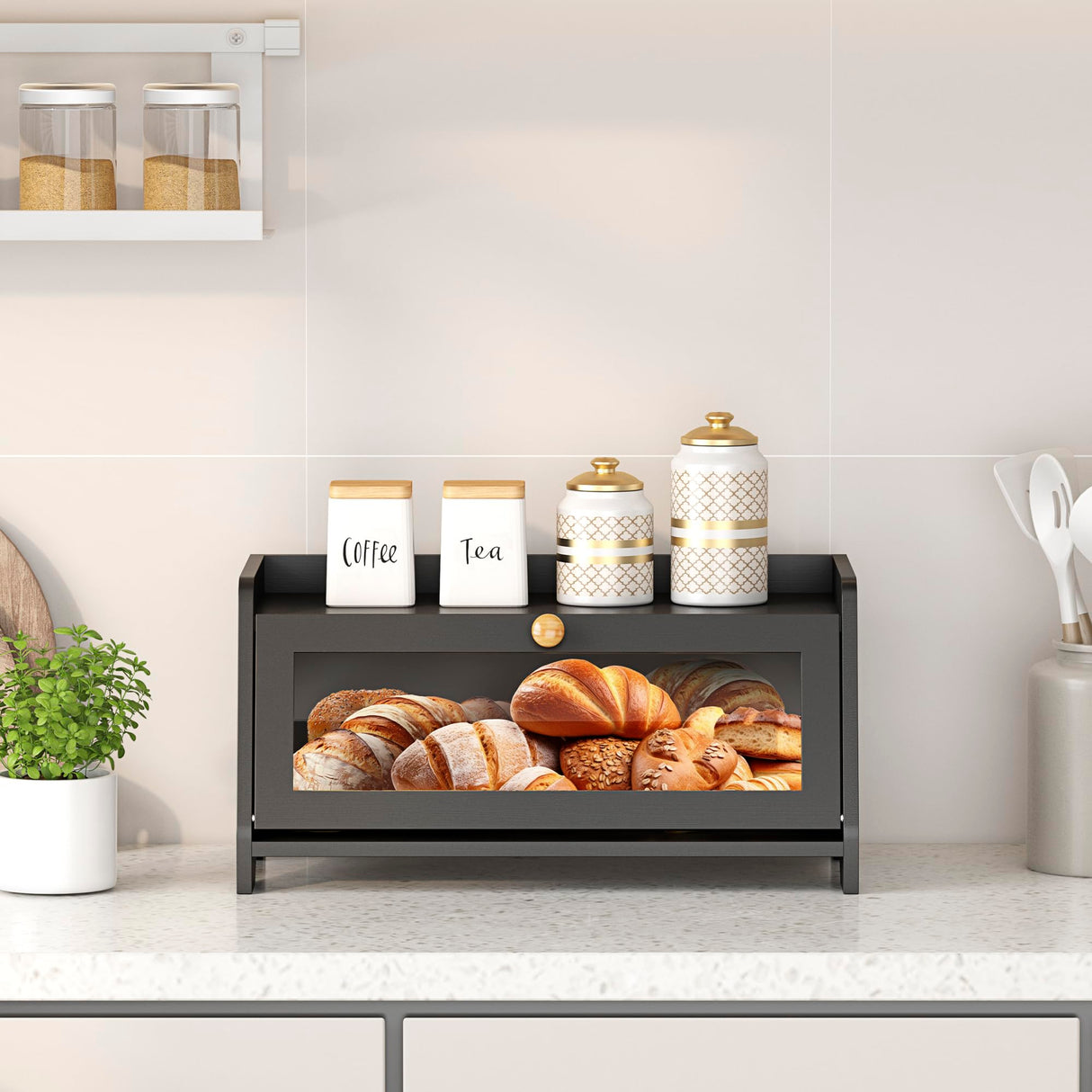 JANSNIMEN Bread Box for Kitchen Countertop, Large Bread Container Storage, Wooden Farmhouse Bread Box with Window Bread Holder (Black) JANSNIMEN