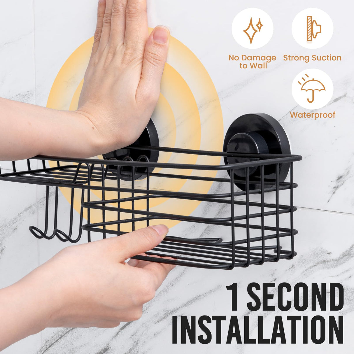 LEVERLOC Shower Caddy Suction Cup, 2 Pack suction shower shelf with Hooks & Soap holder, NO-Drilling Bathroom Holder, Rustproof bathroom organizer, Black LEVERLOC