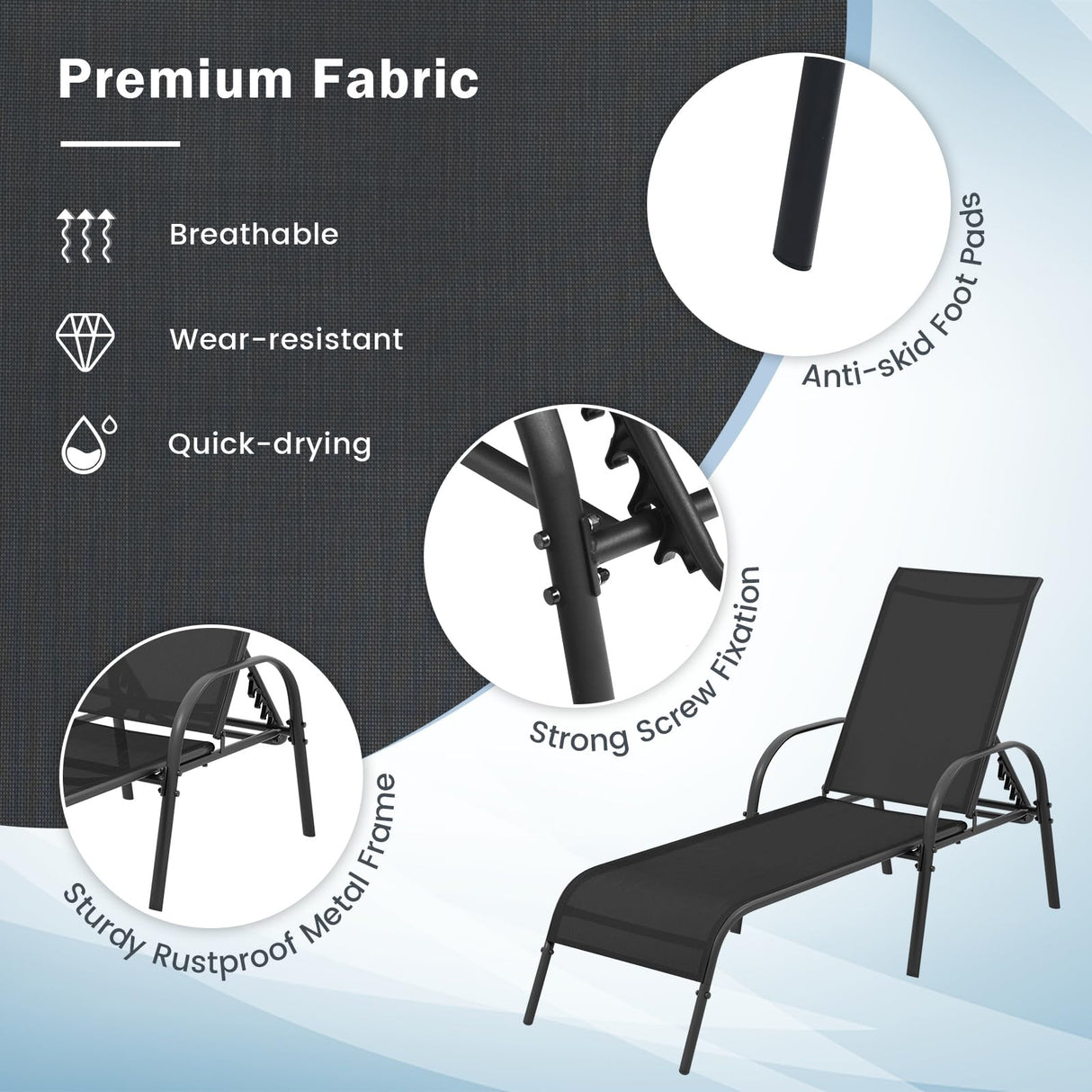 Giantex Patio Lounge Chair, Outdoor Chaise Lounge with 5 Adjustable Backrest, Sturdy Steel Frame, Sunbathing Recliner, Beach Chair, Tanning Chair for Outside, Yard, Balcony, Pool Chairs, Black Giantex