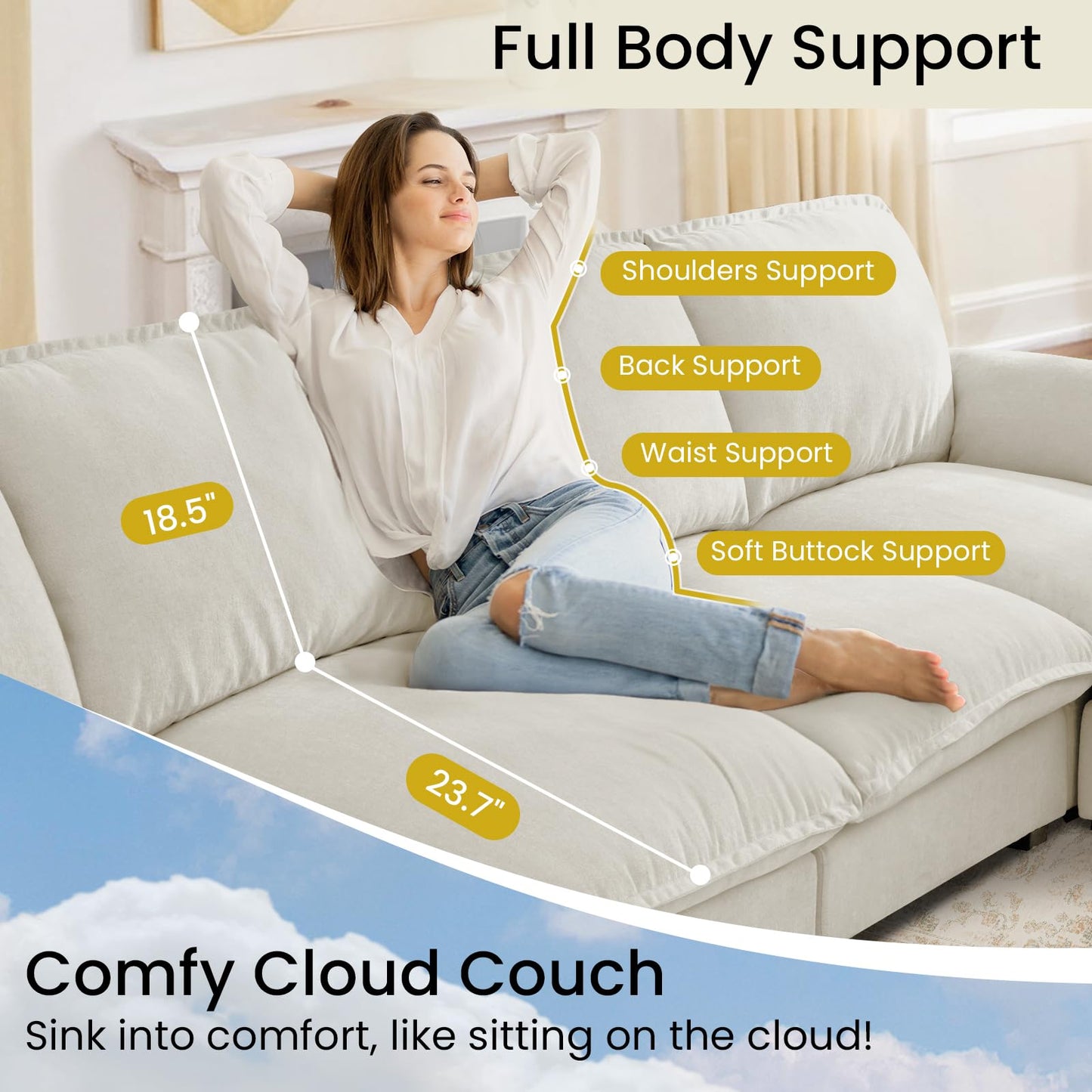 HALLYBEE Modular Sectional Sofa Deep Seat Cloud Couch with Reversible Chaise L Shaped Couch with Padded Armrests Chenille White Sectional Couches for Living Room Apartment Office