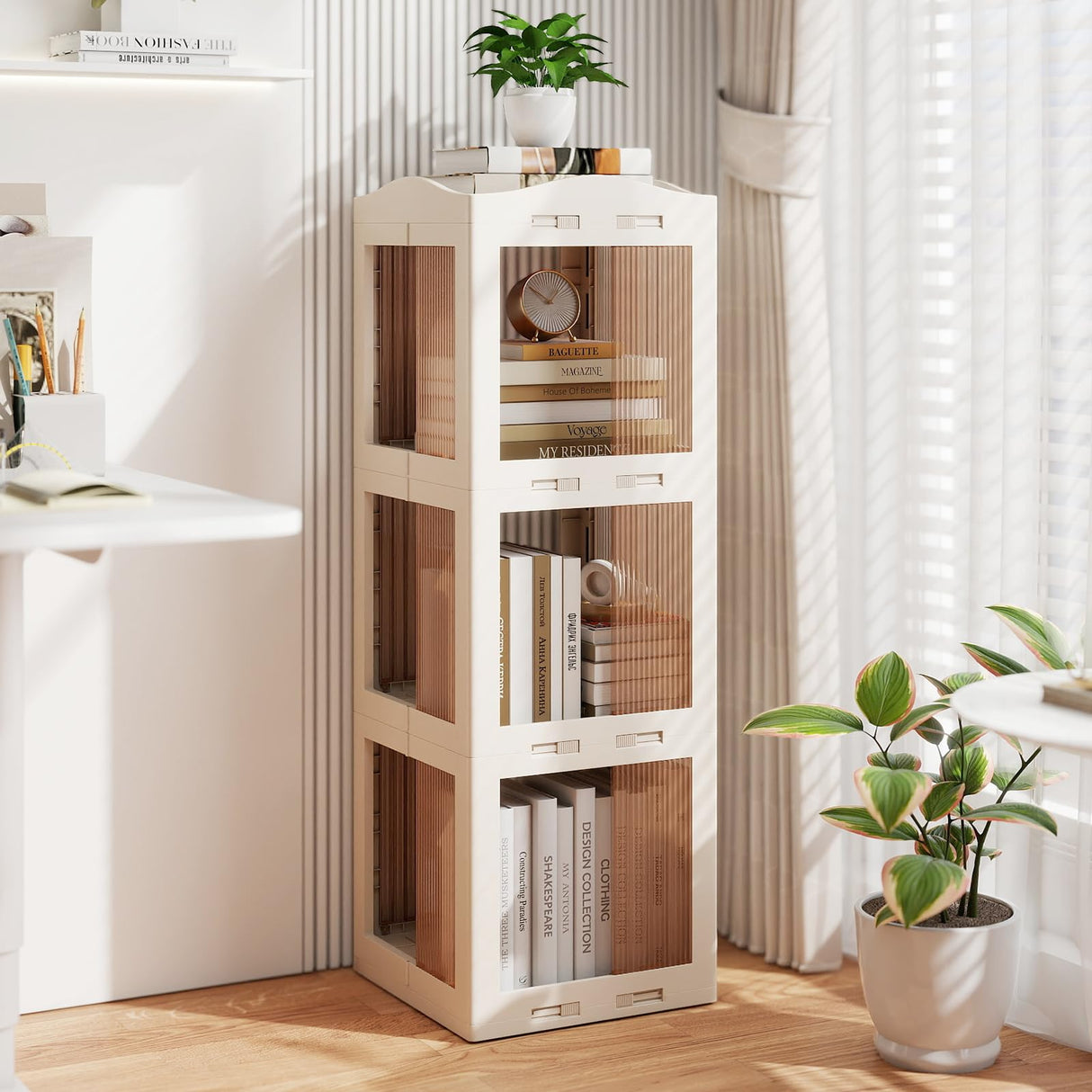 Giantex Foldable Rotating Bookshelf, 3-Tier Spinning Bookcase w/Swivel Base, 360° Revolving Bookshelf Tower, Tall Corner Display Shelf, Translucent Storage Organizer for Living Room, Study Giantex