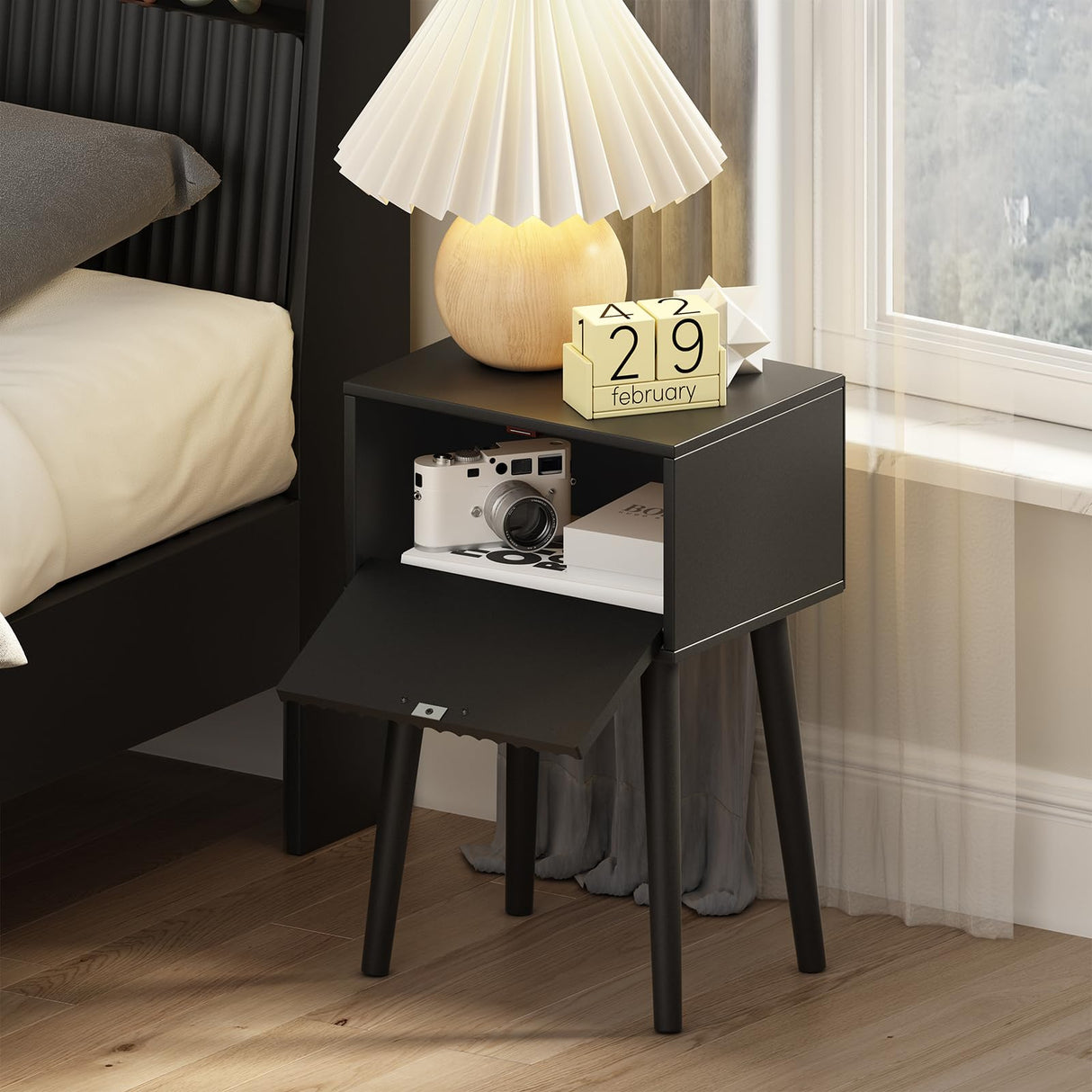 LAATOOREE Nightstands Set of 2, Small Side Table, Bedside Table with Fluted Door, Solid Wood Feet; Modern Mid-Century End Table for Bedroom, Small Space (Black) LAATOOREE