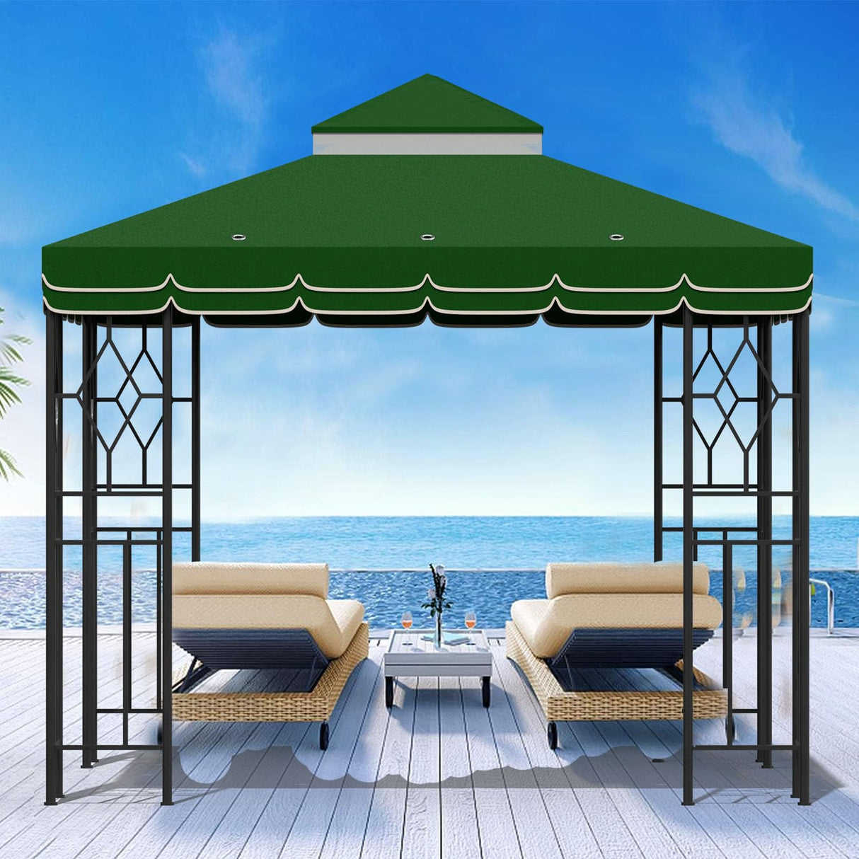 Morikoro 10x10 Canopy Replacement Top Canopy Cover Replacement 10x10 FT Double Tiered Gazebo Covers for Yard Patio Garden Canopy Sunshade (Green with lace) Morikoro