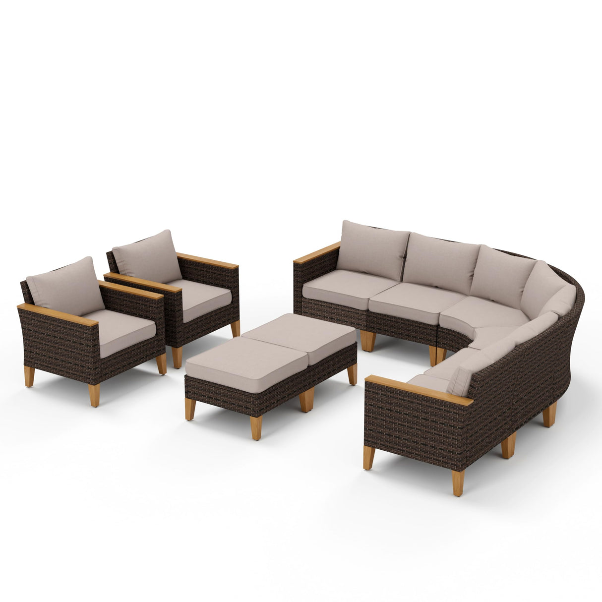 PHI VILLA 10-Piece Outdoor Sectional Half-Moon Curved Furniture Sofa, Wicker Patio Conversation Set for 10 Seats with Cushions for Garden Poolside, Blue PHI VILLA