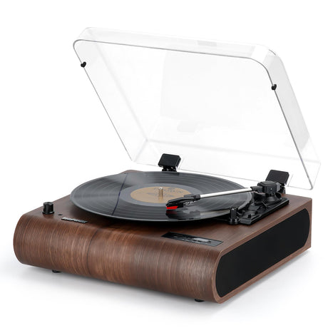 Retrospiler Record Player, 3 Speed Bluetooth Turntable with Built-in Speakers, FM Radio, Vinyl-MP3 Encoding, USB & SD Playback, LED Screen, Wooden Retro LP Player Retrospiler