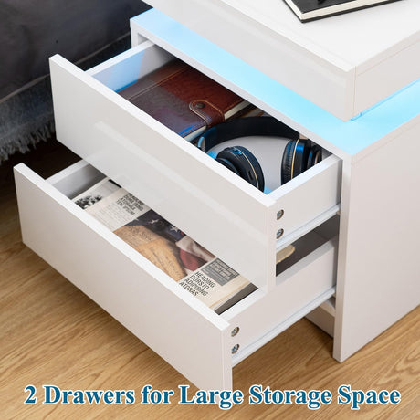 HOMMPA LED Nightstand White Nightstand with Led Lights Modern Night Stand with 2 High Gloss Drawers Led Bedside Table Smart Nightstand for Bedroom 20.5” Tall HOMMPA