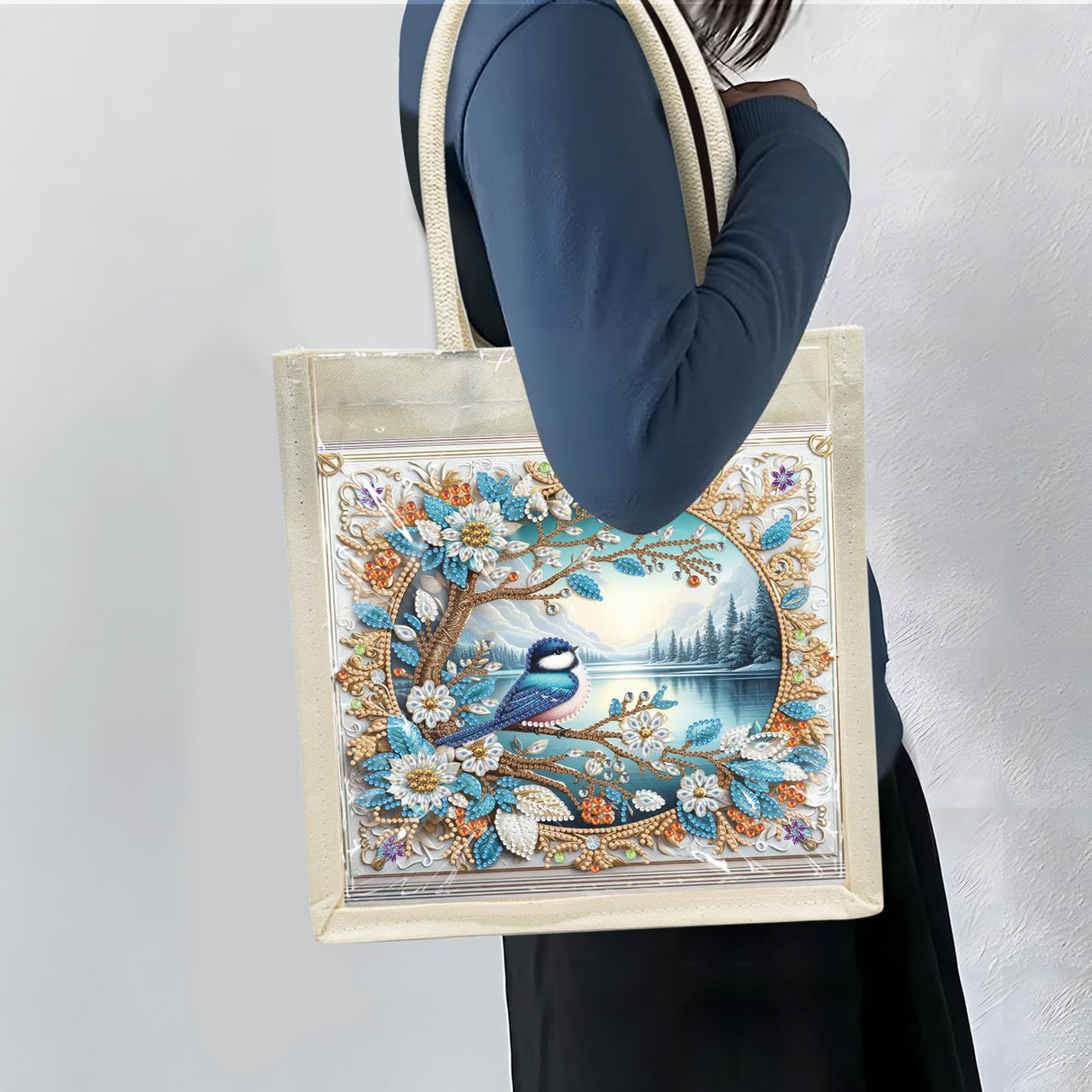 BAYUNOE Handbag Handmade Diamond Art Painting Purses Non-woven DIY Shoulder Grocery Bag Shopping Bag for Women Art Craft Gift-Lake BAYUNOE