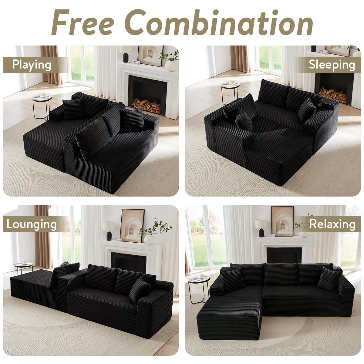 104 Inch Cloud Sectional Couch with L-Shape Chaise,Modern Upholstered Couches with Deep Seat,Corduroy Sponge Compressed Sofa for Living Room,No Assembly Required (Black) ZKJOLMN