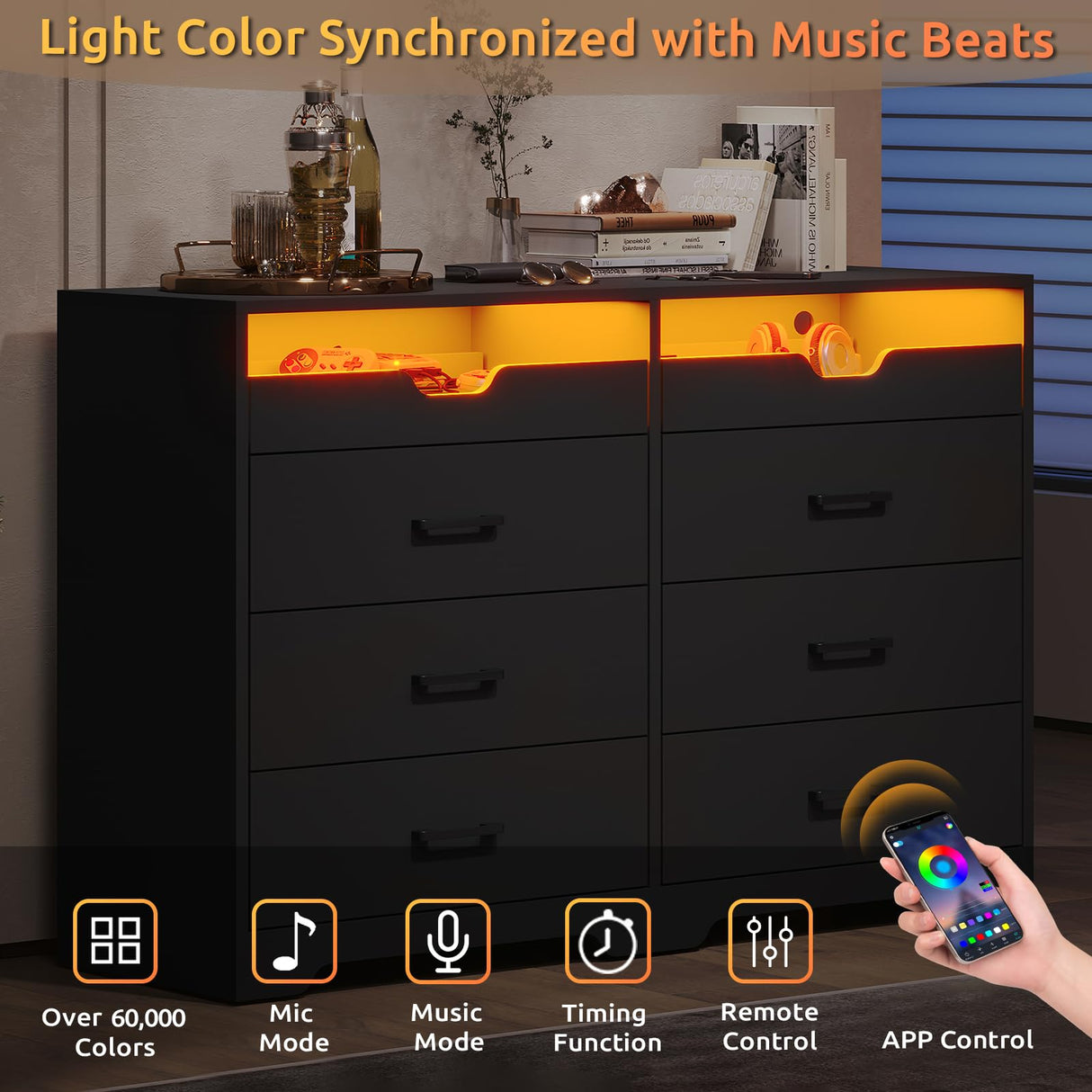 Hasuit Dresser with LED Lights for Bedroom, Double Dresser with 6 Drawers and 2 Pull-Out Tray, Black Chest of Drawers Bedroom Storage Organizer, Dimensions 15.6" D x 42.6" W x 30.1" H Hasuit