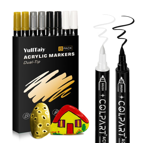 YullTaiy Dual Tip Acrylic Paint Pens Markers, 8 Pack Black White Silver Gold Paint Pens for Wood, Canvas, Stone, Rock Painting, Glass, Ceramic Surfaces, DIY Art Supplies (4 color) YullTaiy