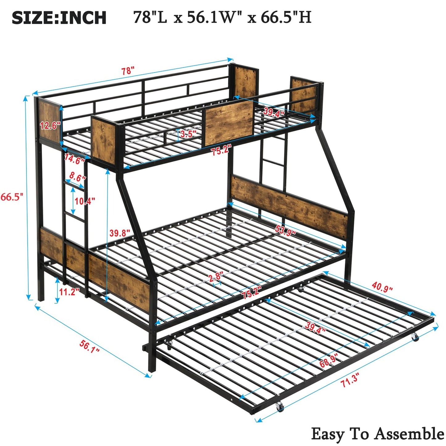 ZMIZAKOY Twin Over Full Bunk Beds with Trundle Bed,Heavy Duty Metal Bed Frame with Safety Rail 2 Side Ladders for Boys Girls Adults,Triple Bunk Bed No Box Spring Needed Space-Saving(Black)