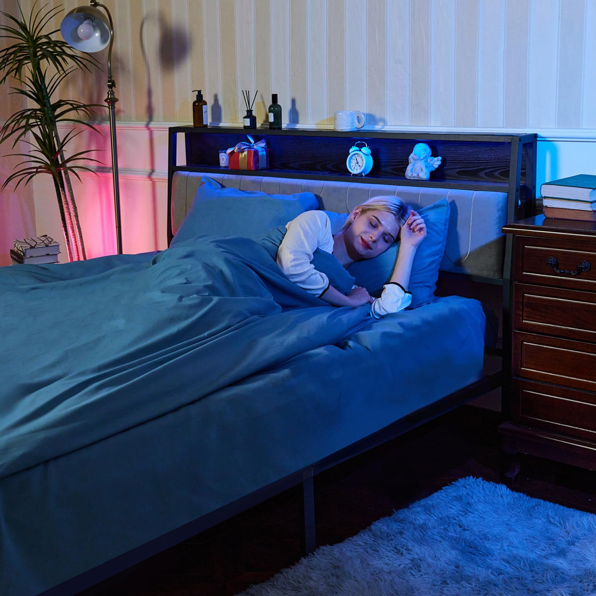 Natekelly Black Queen Bed Frame with Headboard Charging Station, LED Lights & Storage Drawers Natekelly